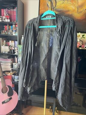 Women's Black Linen Draped Open-Front Cape Jacket
